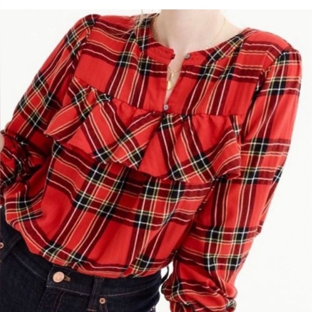 J. Crew Vibrant Plaid Ruffle Blouse